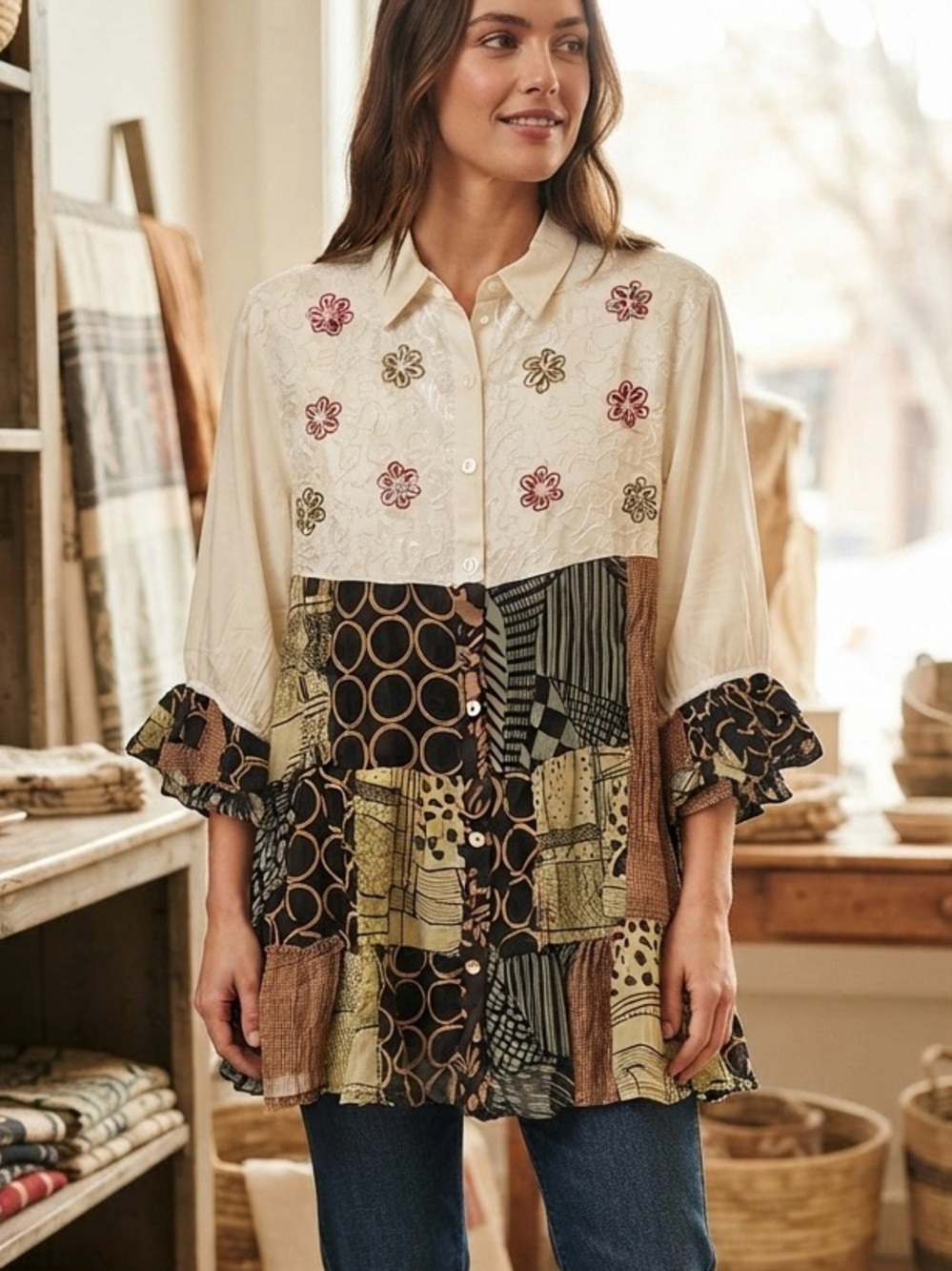NWT Young Threads Boho Patchwork Embroidered Button-Down Tunic Top M